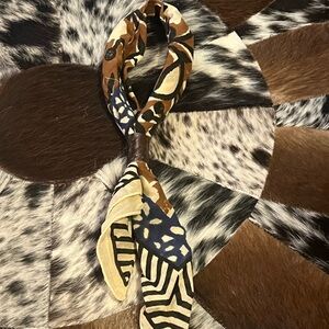 Gorgeous  Brown and Cream Patterned wild rag/ scarf with real cowhide slide